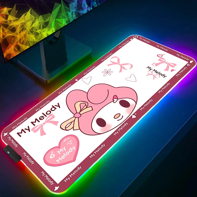 لوحة ماوس كبيرة RGB My Melody مصممة خصيصًا للوحة مفاتيح ألعاب الكمبيوتر XXL لوحة ماوس LED حافة بيضاء بإضاءة خلفية مطاطية #1