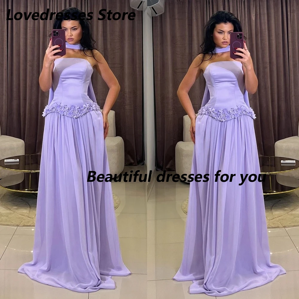 

Lilac Evening Dress Customized Fancy Strapless Flowers A Line Floor Length Party Gown with Scarf Kuwait Saudi Arabric Prom Dress