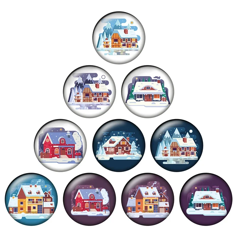 24pcs/lot Christmas Winter Country House Art Patterns Round Glass Cabochons DIY Jewelry Making Findings & Components H008