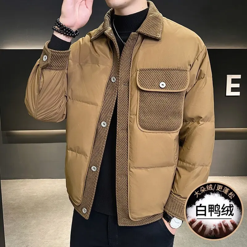 2025 Men's, Lapel, Striped Color Matching Big Pocket Fashion, Casual Down Jacket