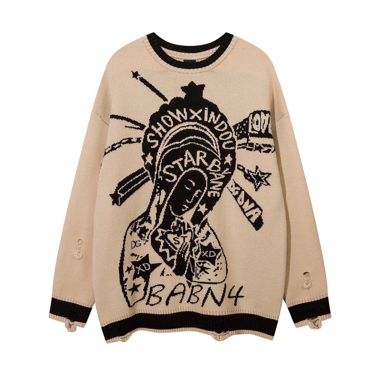 Vintage Starbane Pray Printed Knit Sweater Oversized Streetwear Fashion Striped Patchwork Relaxed Ripped Pullover Sweater Men