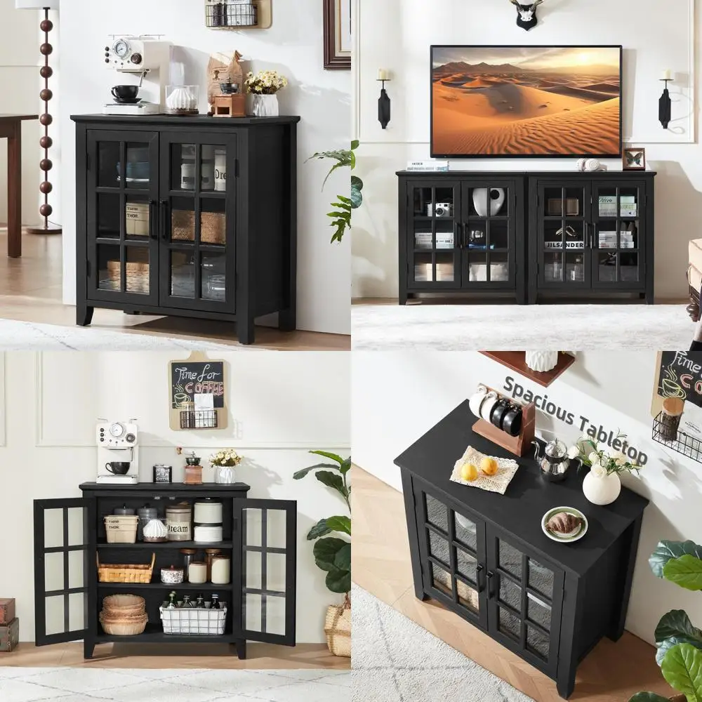 Aparador grande estilo granja negro, mueble tipo buffet con almacenamiento y puertas de vidrio para cocina, café y bar de vinos