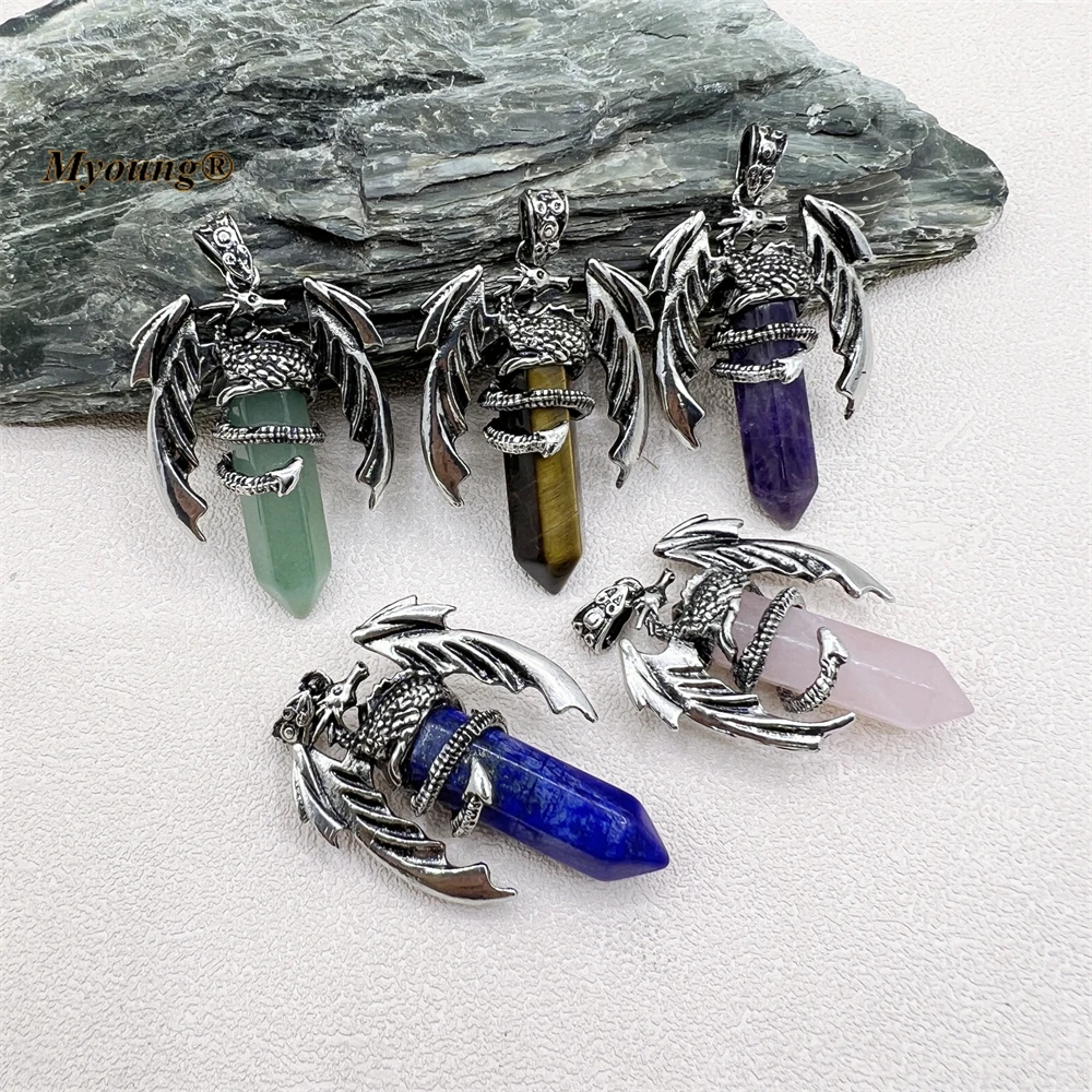 

10PCS Hexagonal Prism Natural Healing Crystal Rose Pink Quartz Stone Vintage Dragon Necklace Pendant MY2310