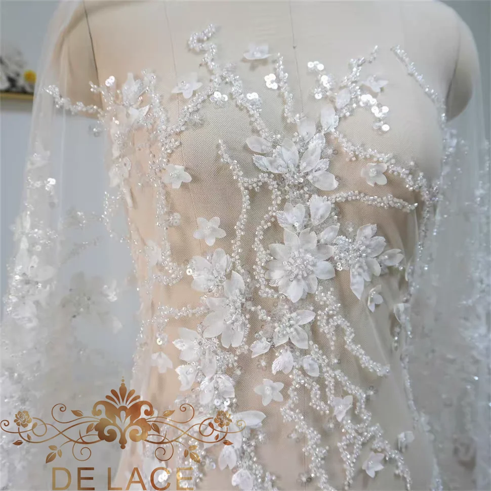 JZQ New 3D Mesh Beaded Sequins Lace Fabric for DIY Delicate Wedding Dresses Lace Luxury Garments Fabric