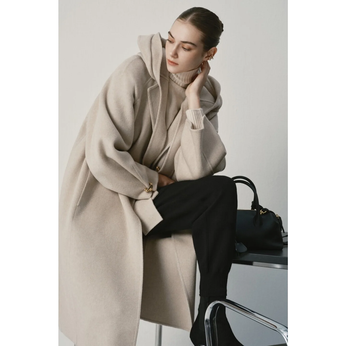 Detachable Hood High-End Woolen Coat Korean Style Commute Double-Sided Hand-Stitched Sheep Warm Coat Outerwear