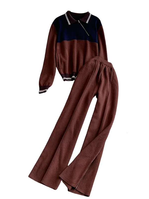 Set Rajutan Kasual Dua Potong untuk Wanita Musim Gugur Musim Dingin Desain Unik Kerah Ritsleting Warna Blo Sweatirt Pinggang Tinggi Slim Lebar ...