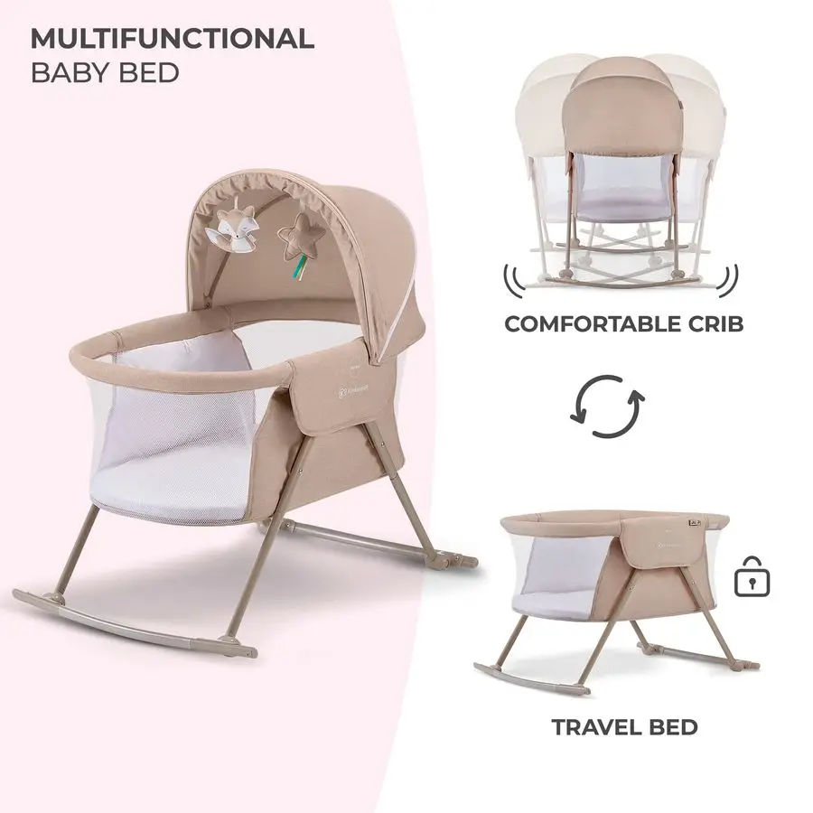 سرير سفر LOVI للأطفال، سرير أطفال محمول قابل للطي مع ناموسية مدمجة، غطاء رأس قابل للتعديل وممتع إضافي