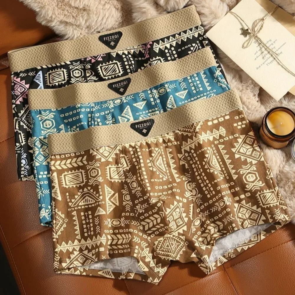 

3Pcs Comfortable Plus Size Men's Boxer Briefs Seamless Mid Waist Printed Panties Elastic Lingerie Shorts Underpants Gifts