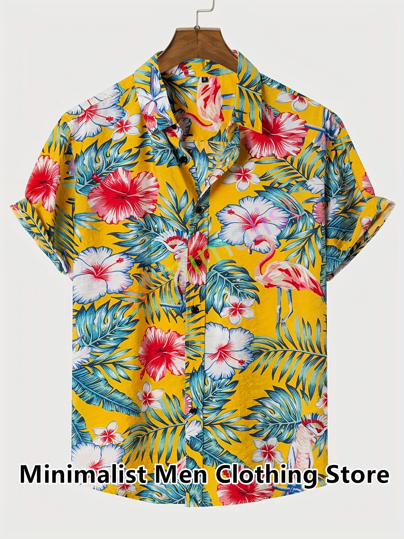 2023 Leaf and Flamingo Print Shirt For Men Hawaiian Casual Beach Short Sleeve Fashion Tops Male Blouse Summer Clothing