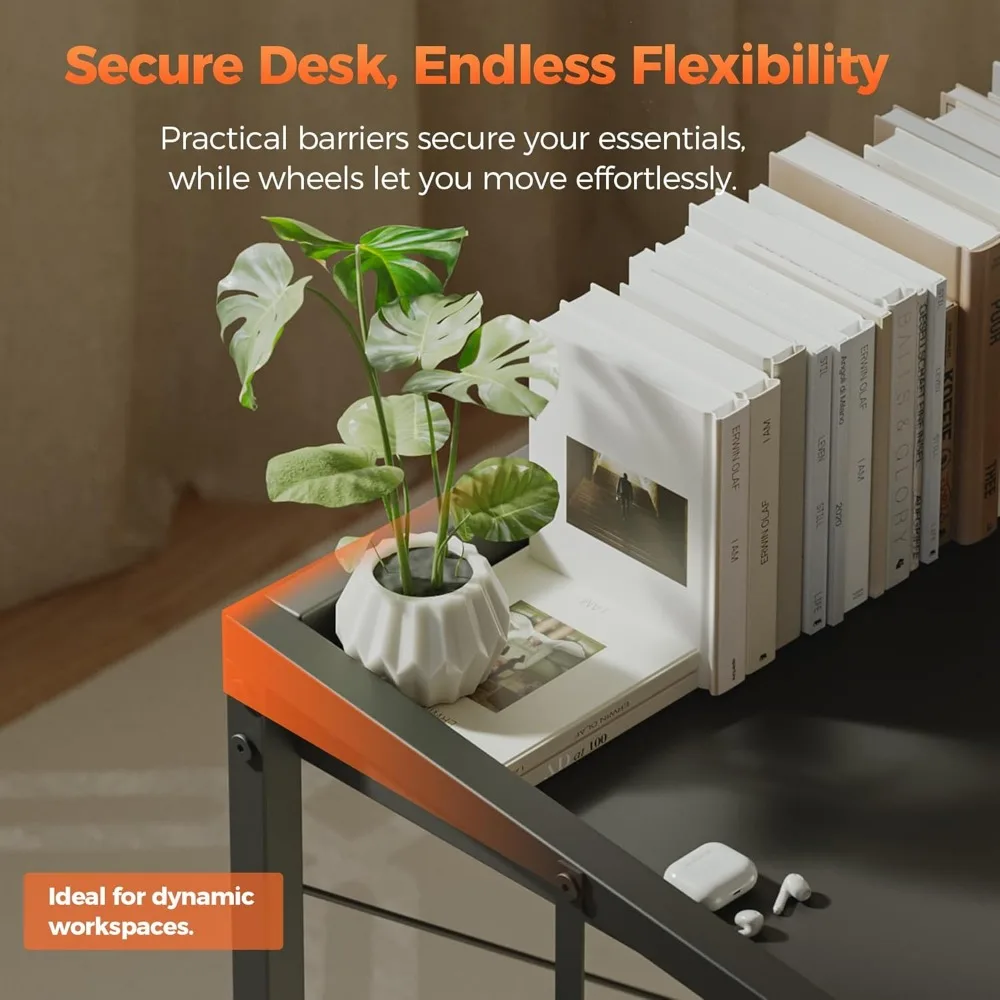 مكتب ألعاب مدمج مع عجلات، طاولة مكتب منزلية على الطراز الحديث للمساحات الصغيرة، مثالية للدراسة والكتابة