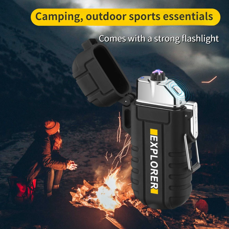 2024 New Men's Outdoor Portable Self-contained High-intensity Flashlight TYPE-C Waterproof Rechargeable Dual Arc Smoking Lighter