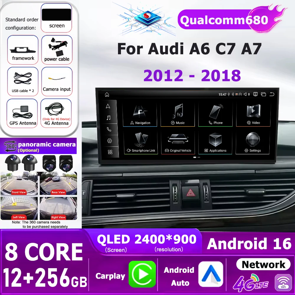 Car Multimedia Radio Android 16 For Audi A6 A6L A7 2012 - 2018 Wireless CarPlay Player DSP Stereo Navigation GPS WIFI BT