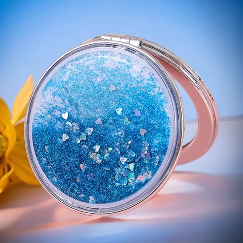 Cute Sweet Cartoon Creative Quicksand Small Mirror Double Sided Portable Pocket Travel Makeup Mirror with Glitter for Girls Gift