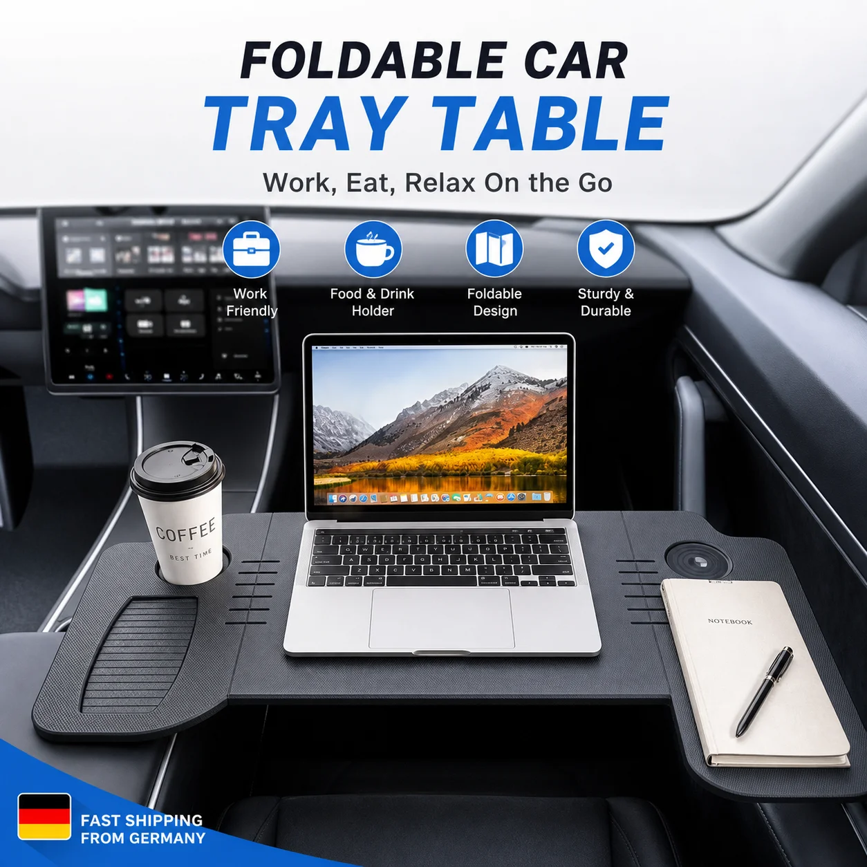 Multifunktionaler Klappbarer Auto-Mittelkonsolen-Tisch Tragbarer Auto-Laptop-Tisch mit Getränkehalter, Fahrzeug-Arbeits- und Esstisch für Notebook, Tablet, Buch, Essen und Getränke,