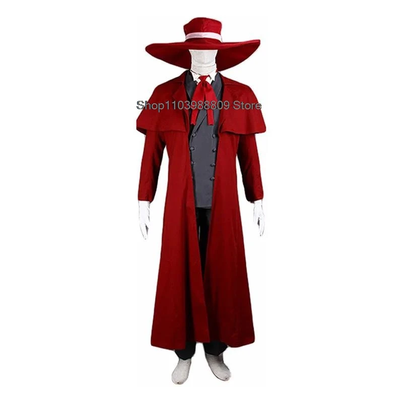Anime Hellsing Alucard Costumi Cosplay Cappotto lungo rosso Cappello Guanti Accessori Set uniformi Uomo Donna Vestiti per Halloween