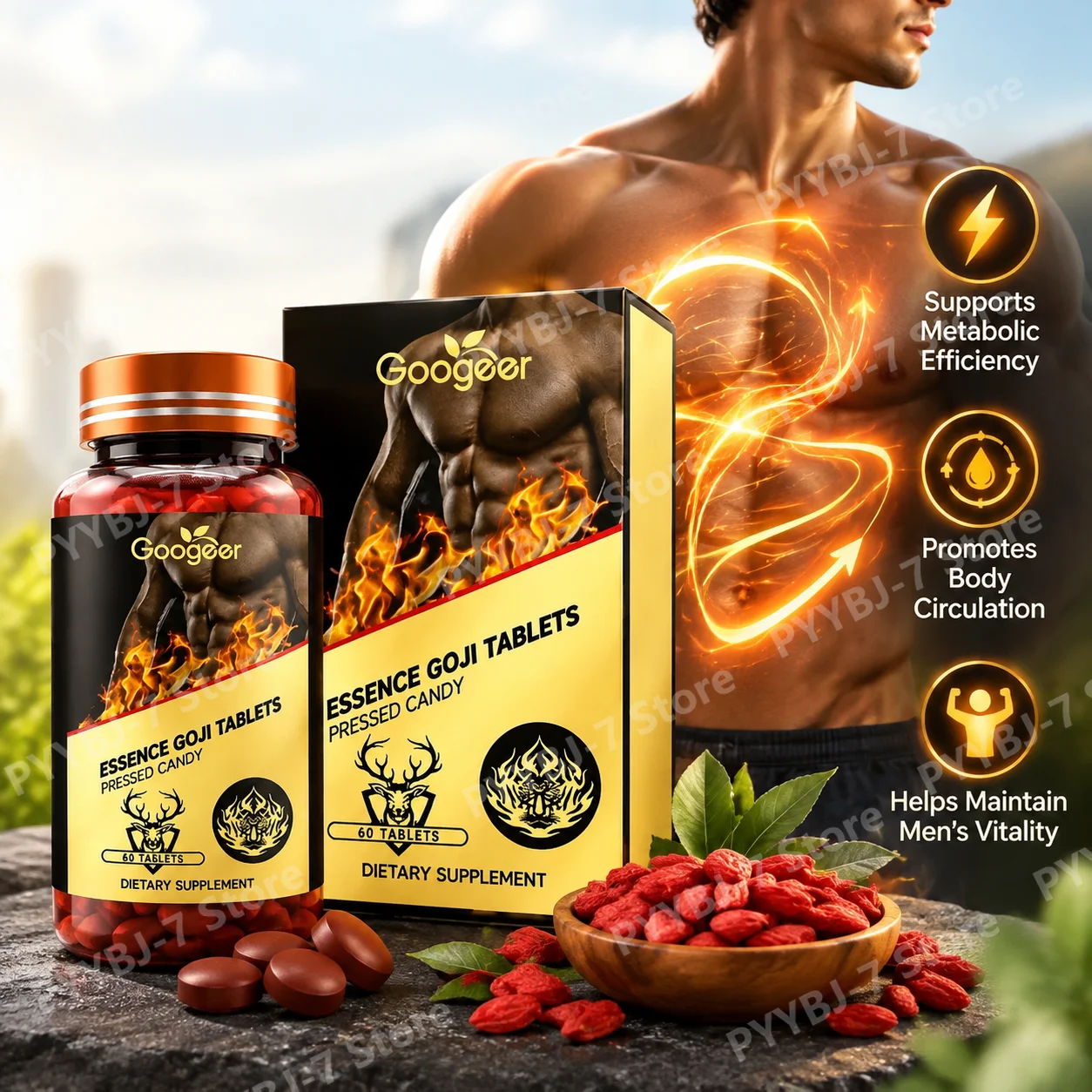 Goji Berry Essence Tablets for Men Herbal Goji Pressed Candy Supplement Supports Metabolic Efficiency Body Circulation 60 Tablet