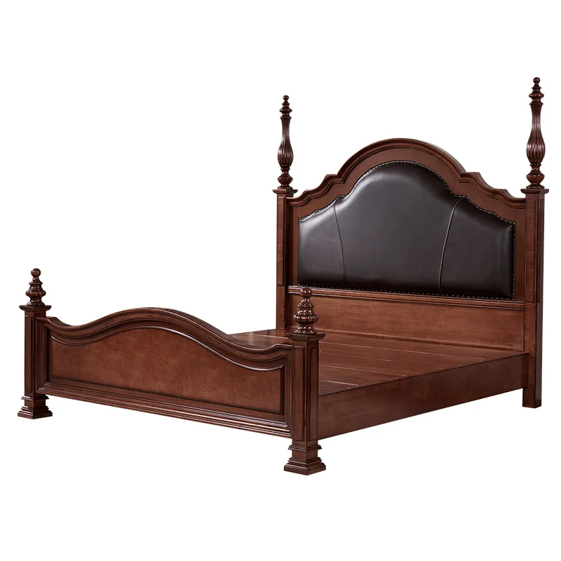 

American style, solid wood, master bedroom, Roman column leather soft bag bed, double high-end villa first-layer cowhide bed