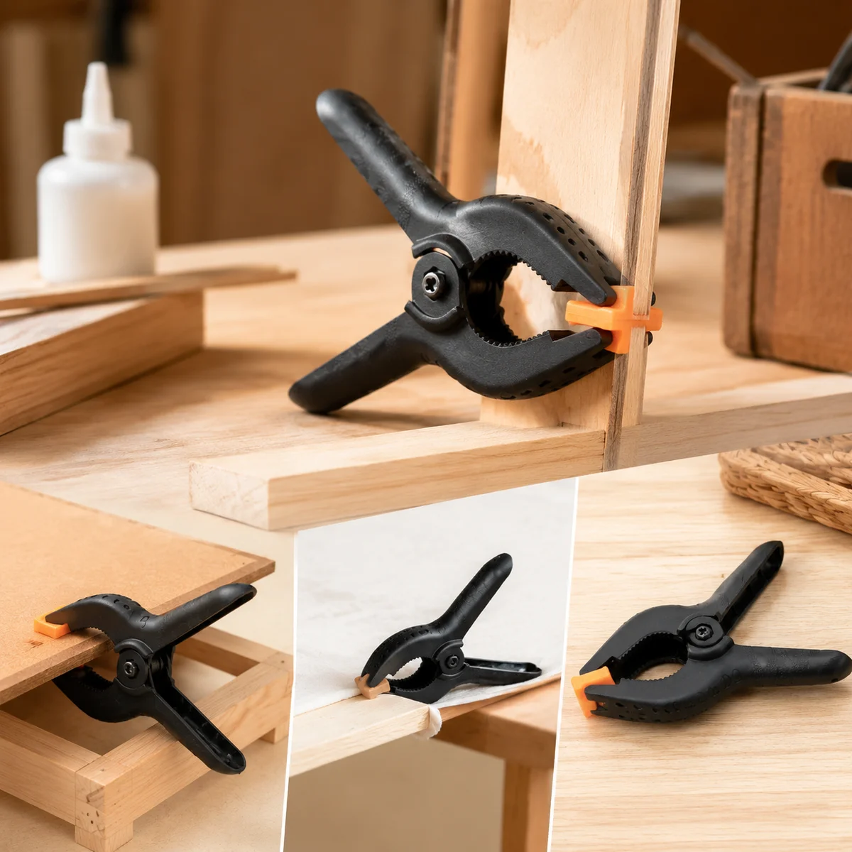 4 Inch Plastic Spring Clamp, Single Black A Clamp with Orange Protective Pads for Woodworking DIY Crafts Photo Backdrops