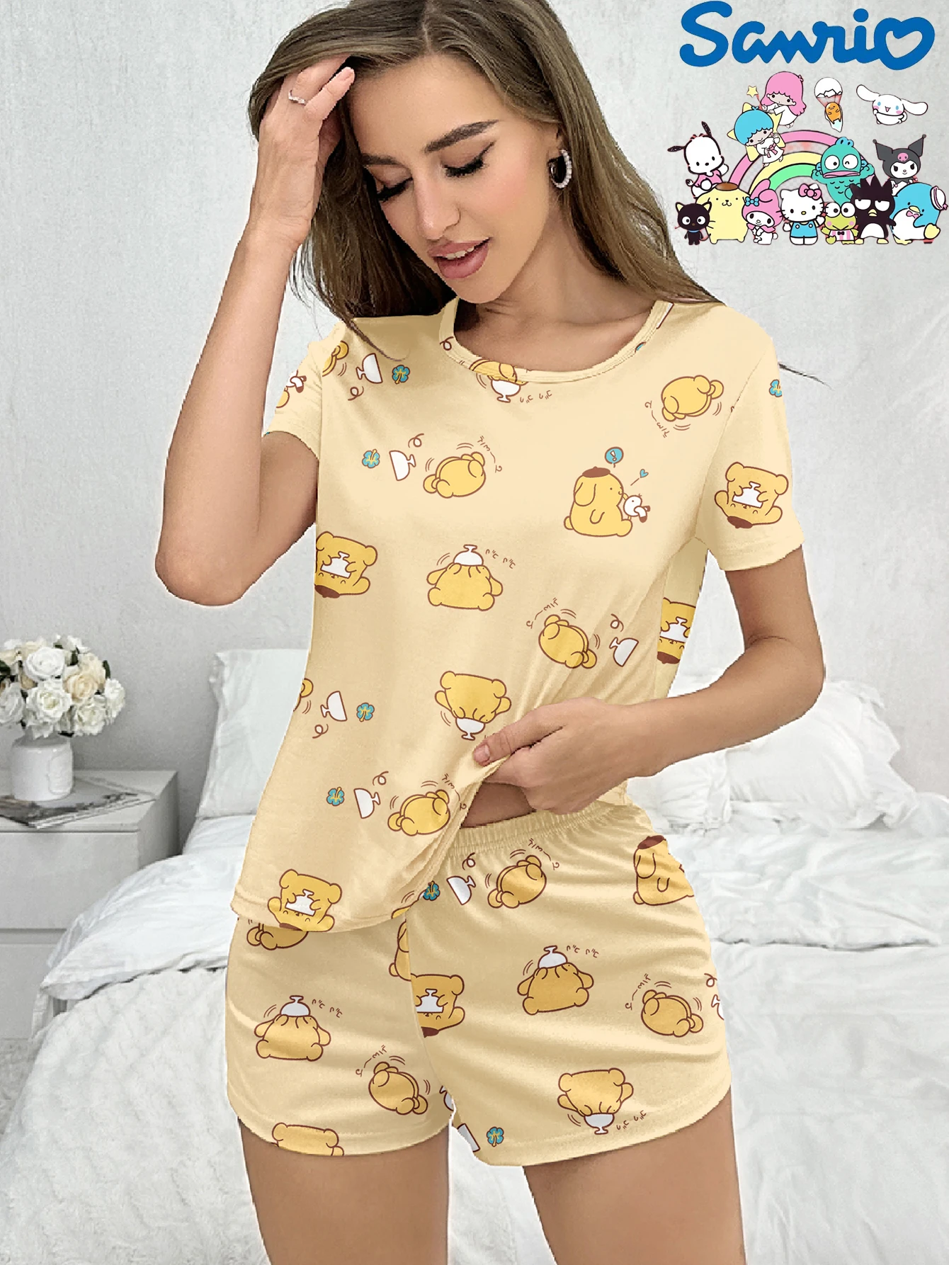 Серия Sanrio, шорты с короткими рукавами для собак-пудинга, повседневные пижамы из молочного шелка с круглым вырезом, комплект одежды для дома