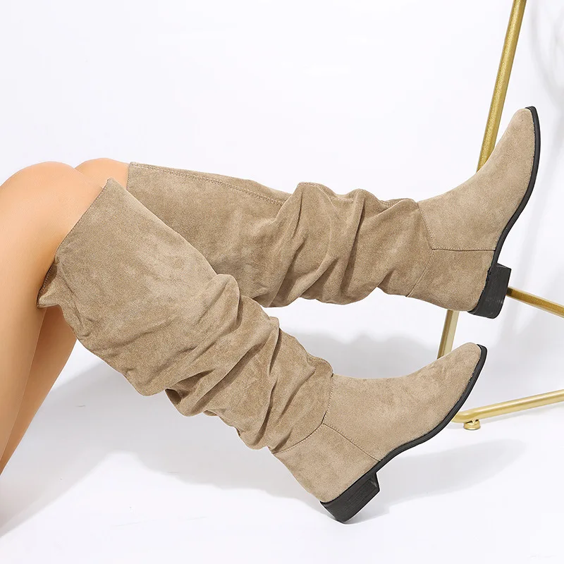 

New High Quality Pleated Boots Women Black Nude Faux Suede Flock Knee High Boots Ladies Flat Autumn Winter Shoes