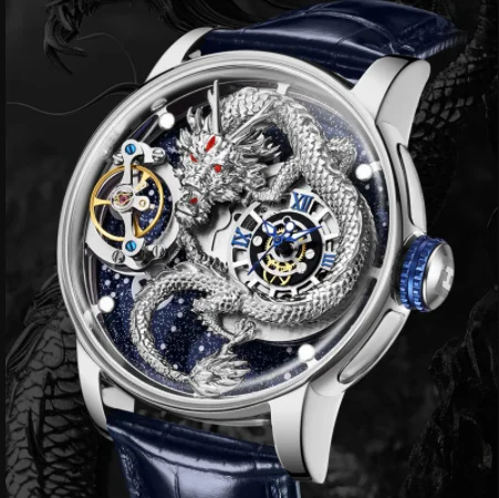 HANBORO Мужские автоматические часы 45,5 мм Механические наручные часы Светящийся 3D дракон циферблат Кожаный ремешок