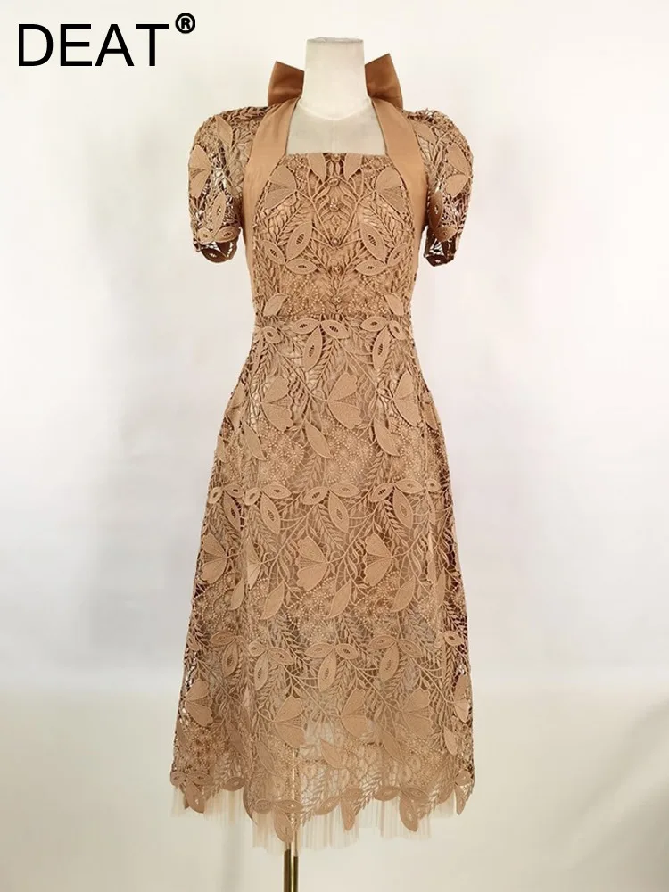 

DEAT Women's Hollow Out Lace Patchwork Gauze Dress Summer 2024 Halter Collar Bowkont Elegant Party Dresses New Models 13DB4714