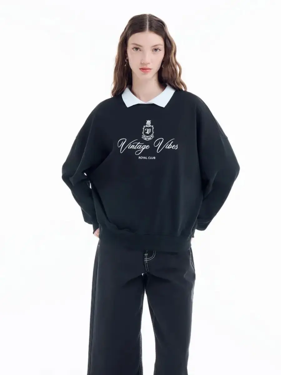 Preppy College Lady Crew Neck Lapel Sweatshirt Retro Badge Printed Long Sleeve Pullover Autumn Winter Loose Sport Preppy-style