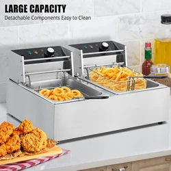 Commercial Electric Deep Fryer, Dual Tank Stainless Steel Deep Fryer With Frying Basket & Lid, Countertop Fryer For Home Kitchen