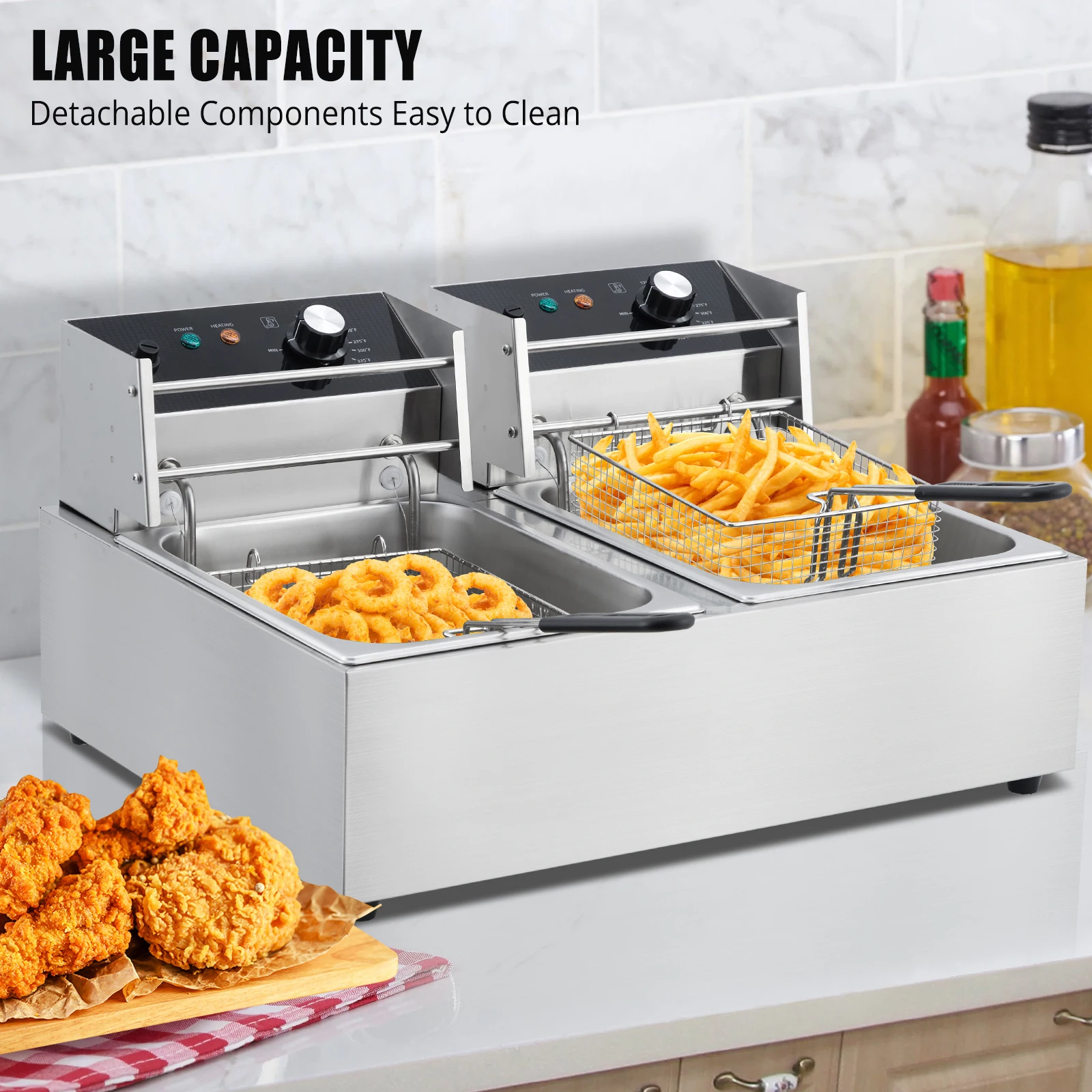 Commercial Electric Deep Fryer, Dual Tank Stainless Steel Deep Fryer With Frying Basket & Lid, Countertop Fryer For Home Kitchen