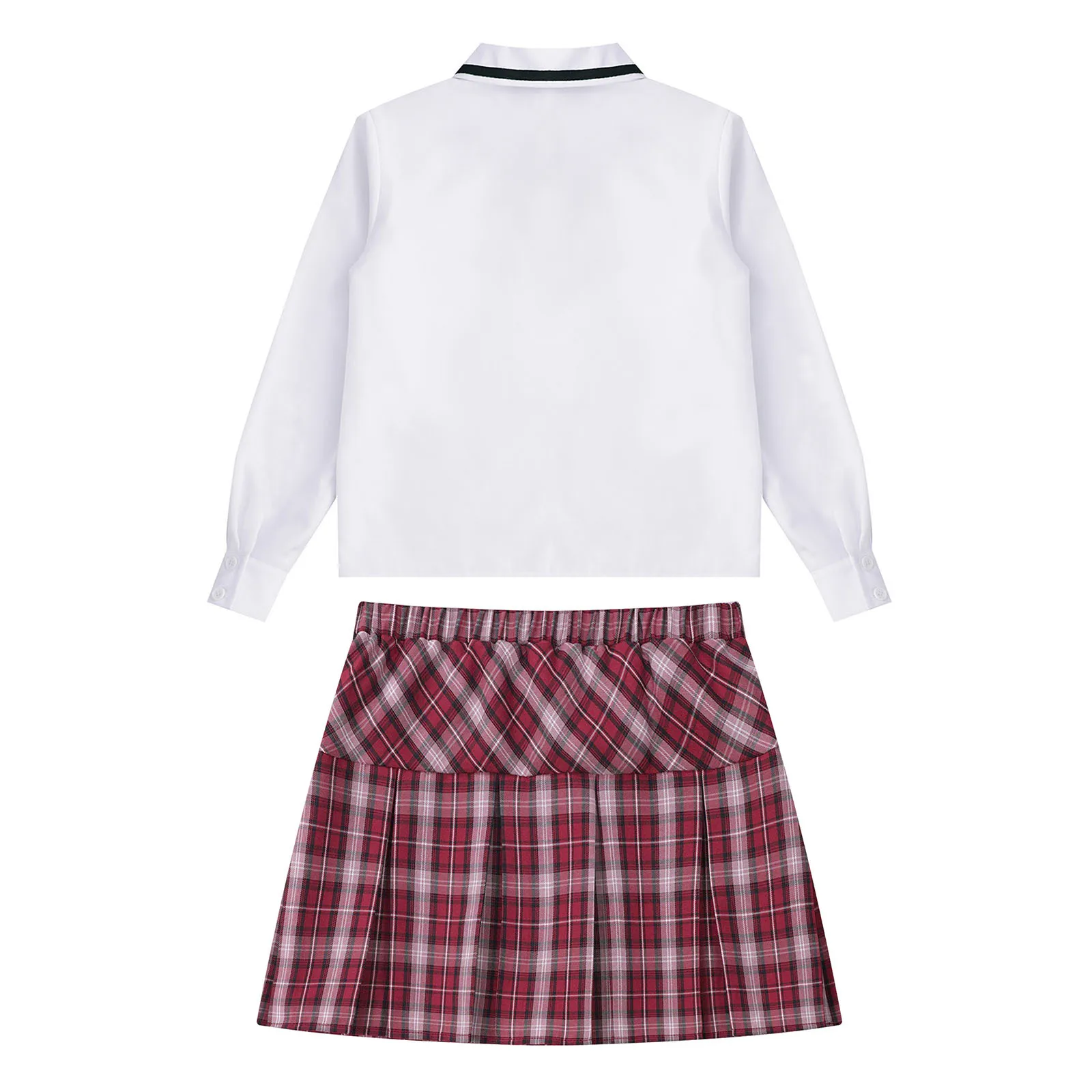 2pcs Girls School Uniform Sets Suits Solid Color Long Sleeve Pullover Shirt with Pleated Skirt for Graduation Cosplay Daily Wear