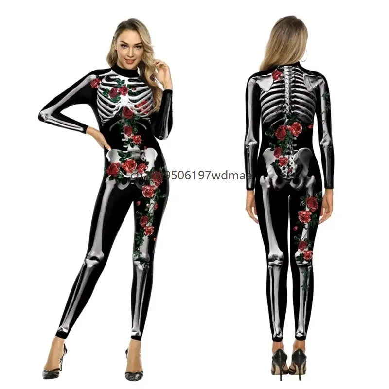 

Women's Rose Skeleton Halloween Party Stage Cosplay Costume Skull Print One Piece Romper Outfit Stretch Skinny Catsuit Jumpsuit