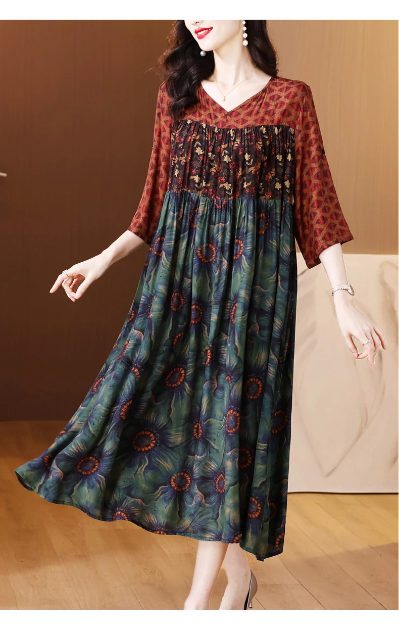 Women Floral Silk Luxury Elegant Party Dress Summer Short Sleeve V-Neck Loose Waist Dress 2024 Korean Vintage Casual Prom Dress