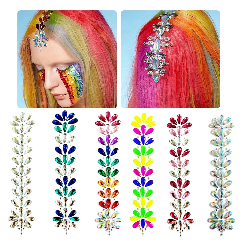 3D Rainbow Crystal Forehead Headpiece Sticker Hair Jewels Face Body Gems Festival Makeup Tools Shiny Temporary Tattoo Stickers