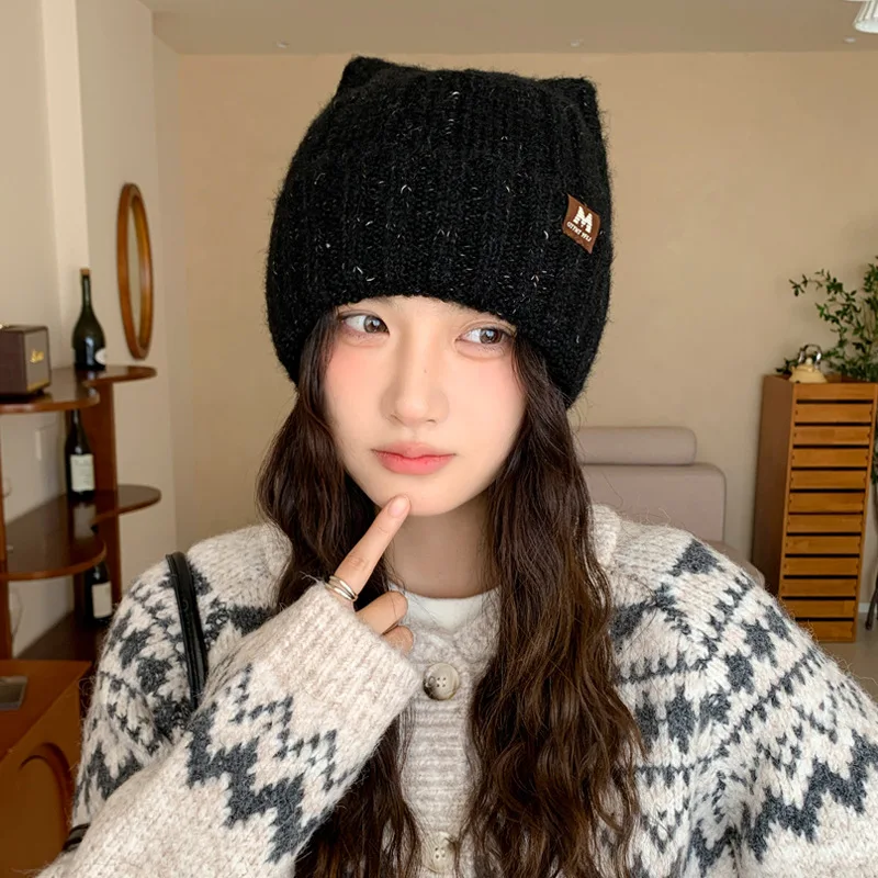 Women Cute Cat‑Ear Knit Beanie, Autumn Winter Large Head Circumference Pull‑on Hat, Casual Warm Versatile Wrap‑around Cap