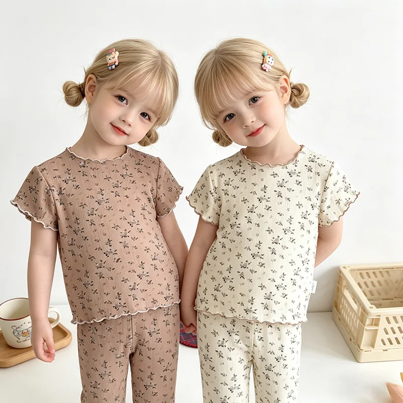 European and American girls' loungewear children's baby floral summer air-conditioning clothes girls short-sleeved pajamas set