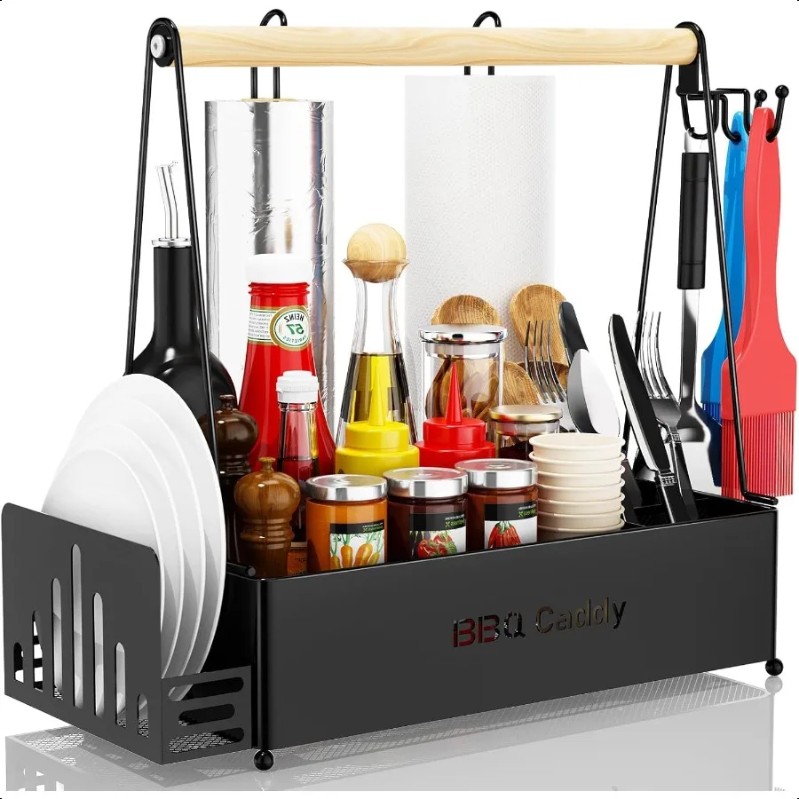 

Grill Caddy BBQ Caddy for Outdoor Grill with 2 Paper Towel Holders Picnic Condiment Utensil Caddy for Outdoor RV entials Tailga