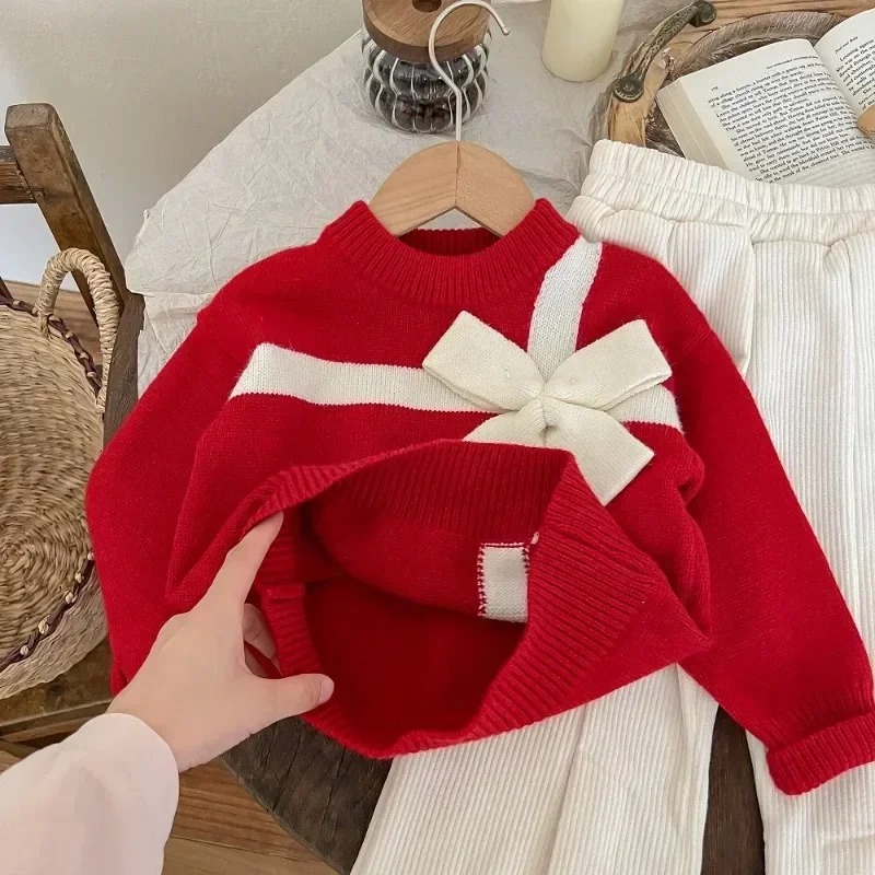 Girls\' Autumn Christmas Sweater Baby Girls\' Big Bow Knitted Sweater Coat Clothes 2023 Autumn/Winter New Pants for Girl