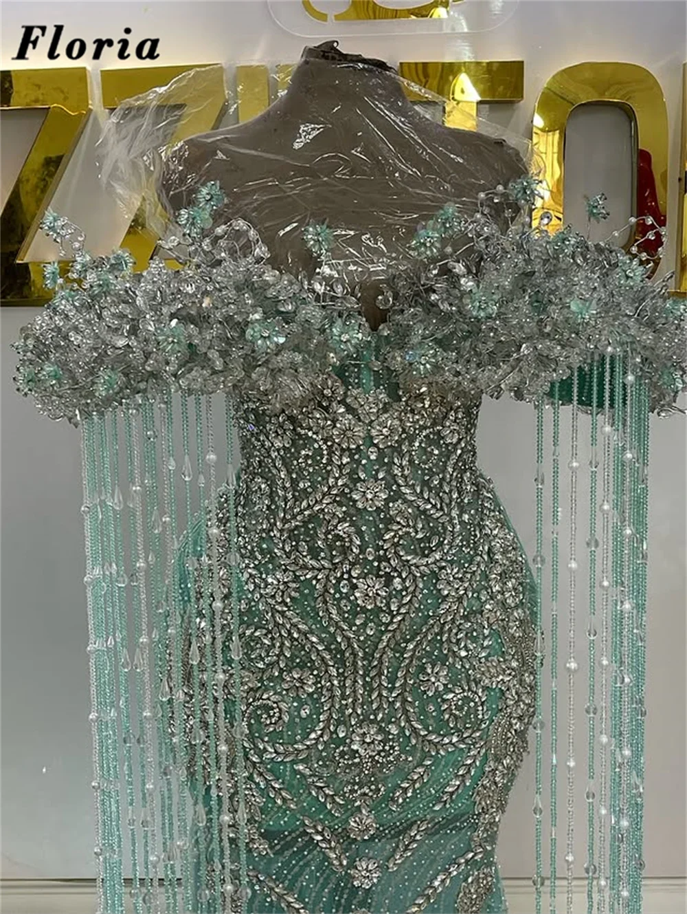 

Mint Green Evening Dresses African Aso Ebi Beaded Prom Dress Crystals Tassel Engagement Party Gowns Robes De Soirée Customized