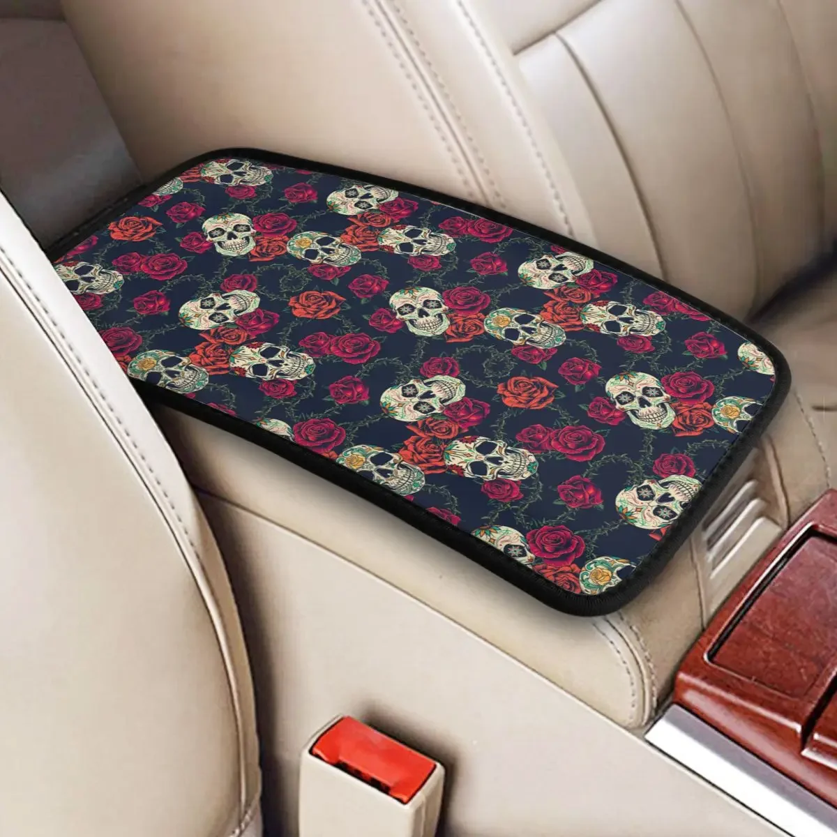 Center Console Cover Pad Flower Skull Plaid Car Arm Rest Cover Mat Halloween Four Seasons Auto Interior