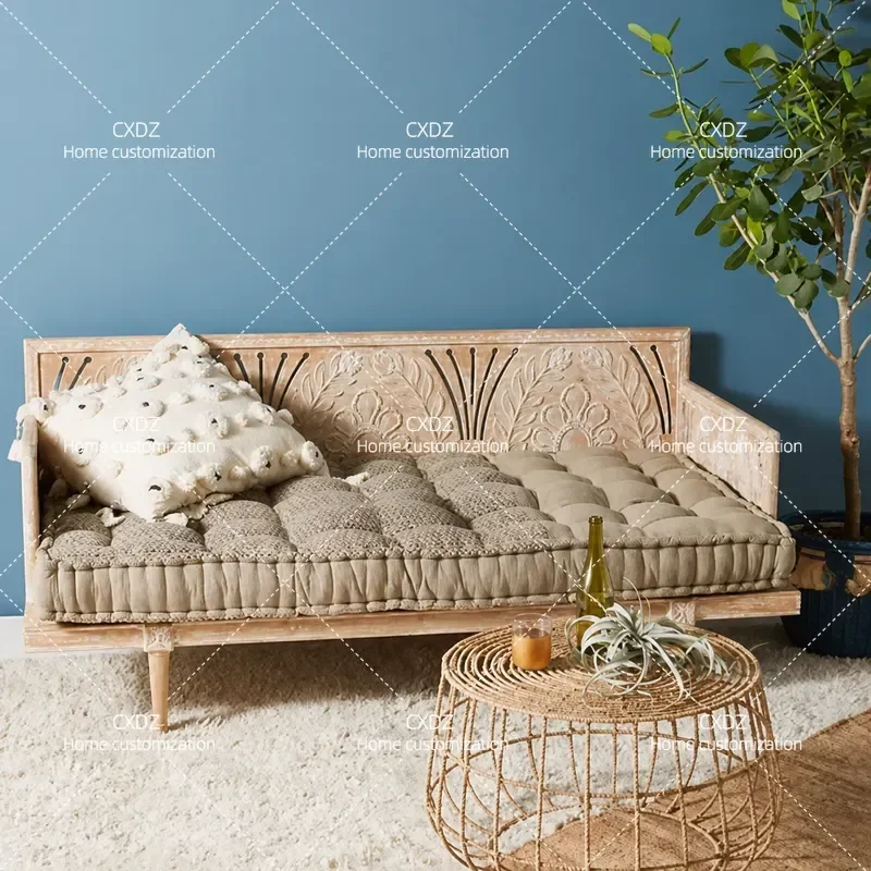 Solid Wood Classical Antique Carved Weathered Sofa Hand Carved Vintage Three Seater Double Combination Couch for Living Room