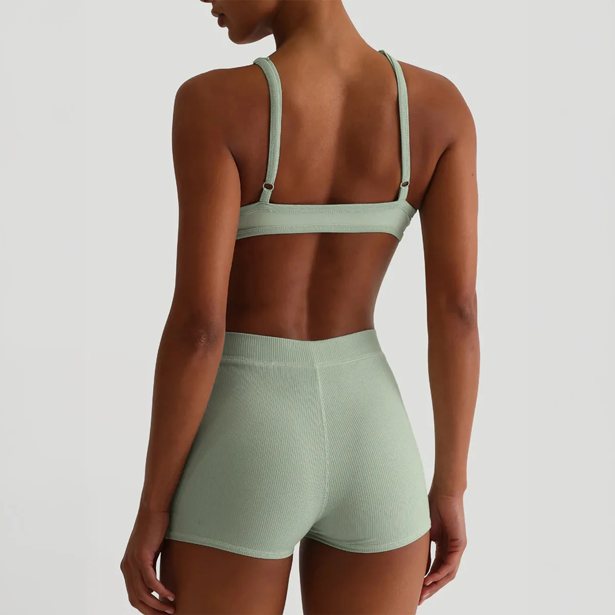 2026 Spring Summer New Mint Green Ribbed Crossover Bralette & Yoga Short Set Women’s Sexy 2-Piece Loungewear/Sportswear 3