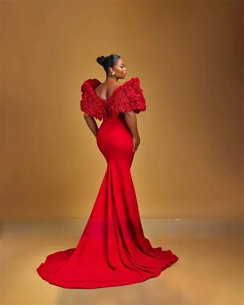 Abito da sera per feste con fiori 3D a sirena africana Aso Ebi di lusso Abito sexy per occasioni speciali con scollo a V e volant personalizzato