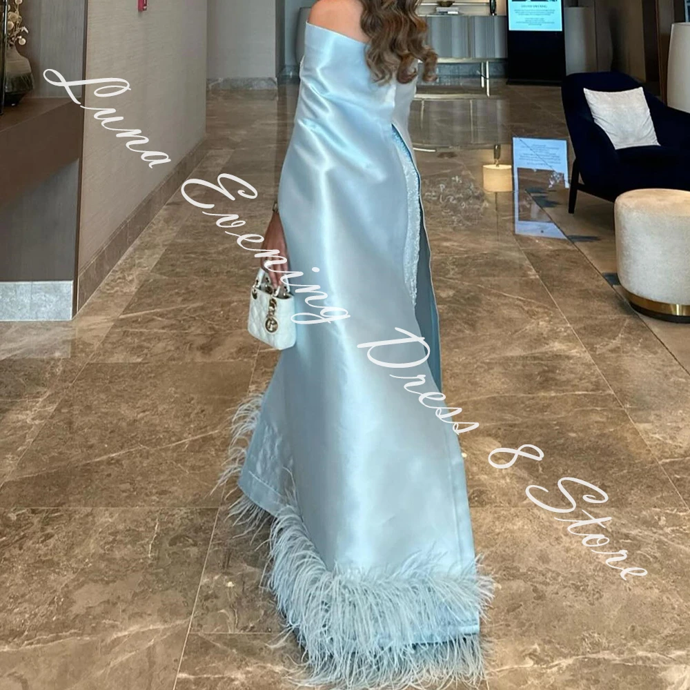 Customized Luxury Satin Straight Off the Shoulder Feathers and Sequined Evening Dress Boat Neck Floor Length Watteau Train