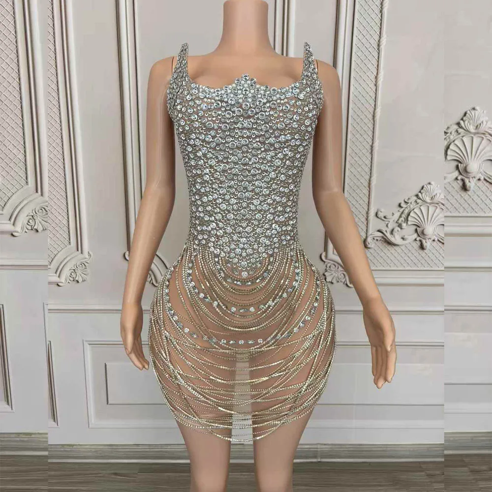 

Короткое платье с блестящими цепочками и стразами для женщин, сексуальное сетчатое прозрачное вечернее платье для выпускного вечера, дня рождения, сценическая одежда для фотосессии