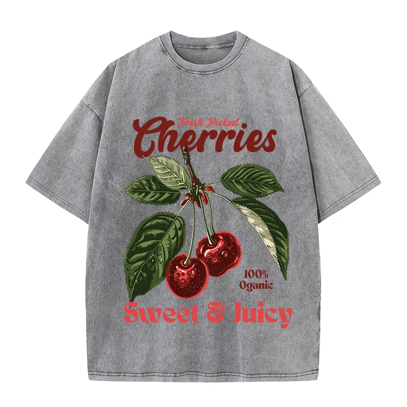 Fresh Picked Cherries Print Men Washed T Shirts Hip Hop Breathable T-Shirt Street Summer Clothes Fashion Distressed Tee Shirts