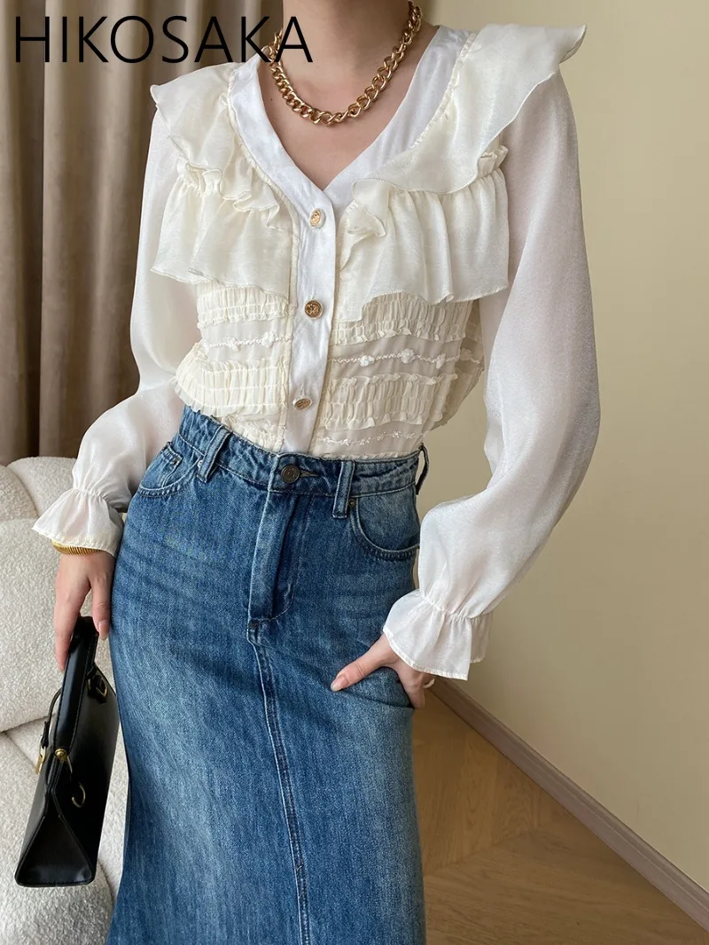 French Style Cascading Ruffles V-neck Patchwork Blouse Women Single Breasted Flare Sleeve Elegant Shirts 2024 Autumn Solid Blusa