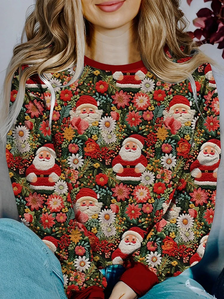 Christmas T Shirt Women Cartoon Santa Claus Elk 3D Print Pullovers Female Autumn Oversized Casual Holiday Christmas Old Man Tops