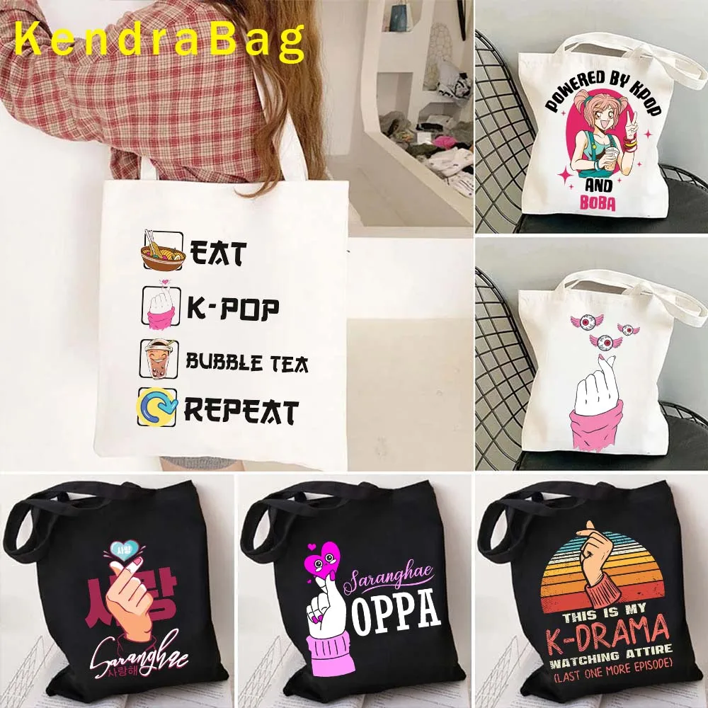 Funny KPop Saying Finger Heart Kdrama Lover Saranghae Oppa K Pop Girl Korea Harajuku Anime Stray Canvas Bag Kids Shopper Handbag