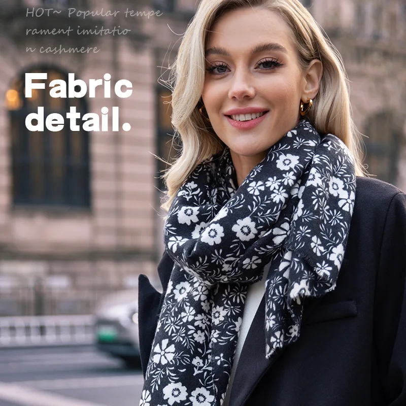 

New Daisy Print Faux Wool Scarf Women Winter Elegant Warm Neck Wrap Shawl Sun Protection Lightweight Hijab180x64cm Hair Wrap