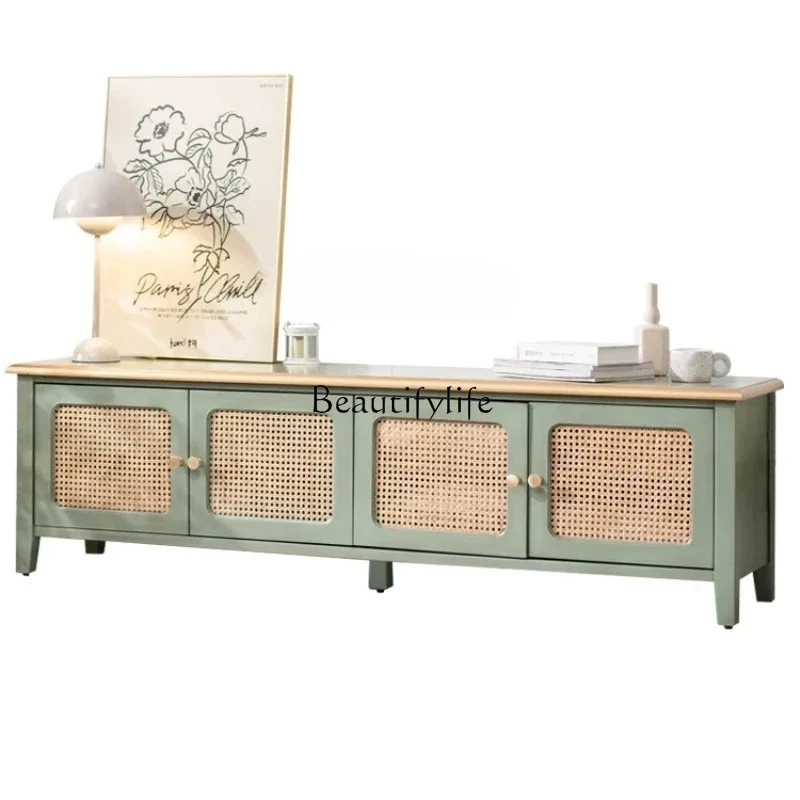 

simple rattan TV cabinet coffee table combination living room floor cabinet solid wood storage